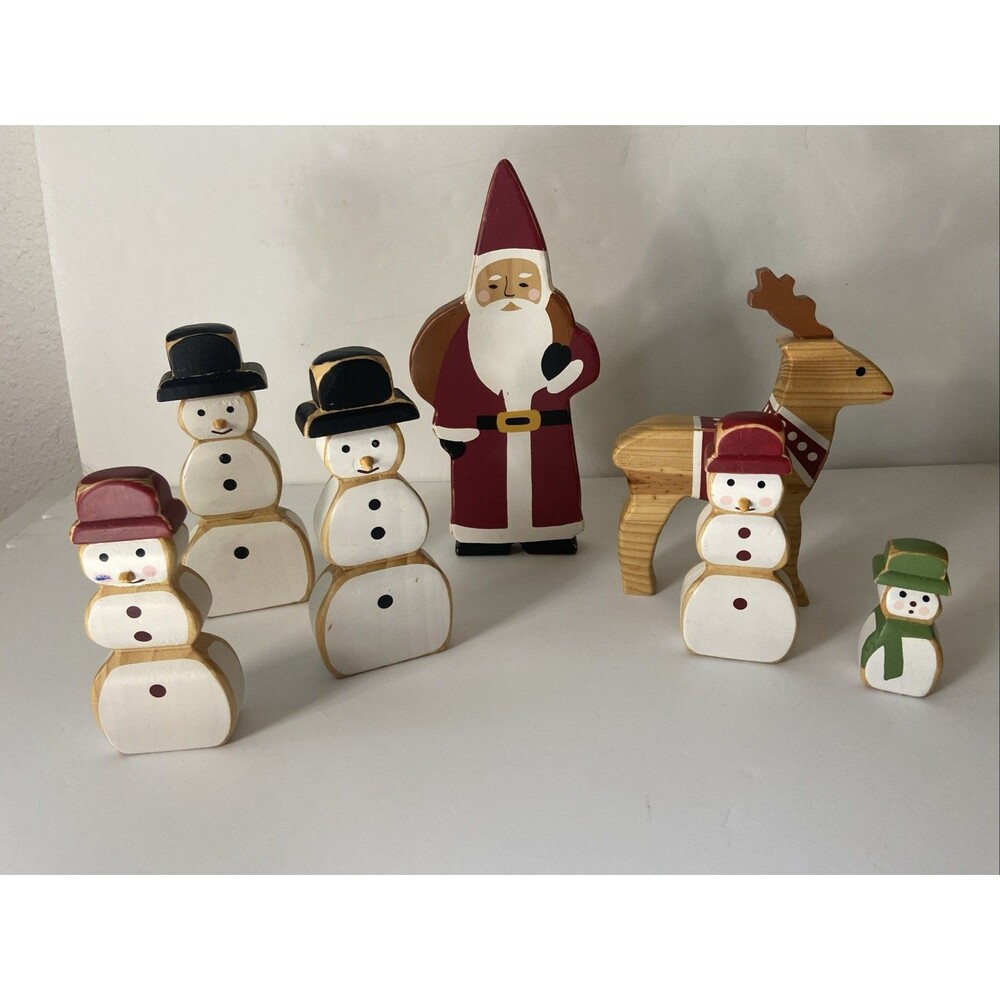 Pottery Barn Wood Santa Reindeer Snowman Forest Scene Figurine Set Christmas